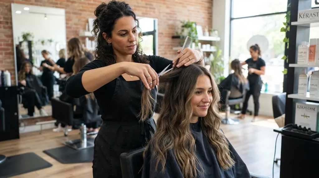 Professional hairstylist using slide cutting and point cutting scissors to add texture to long hair without losing length