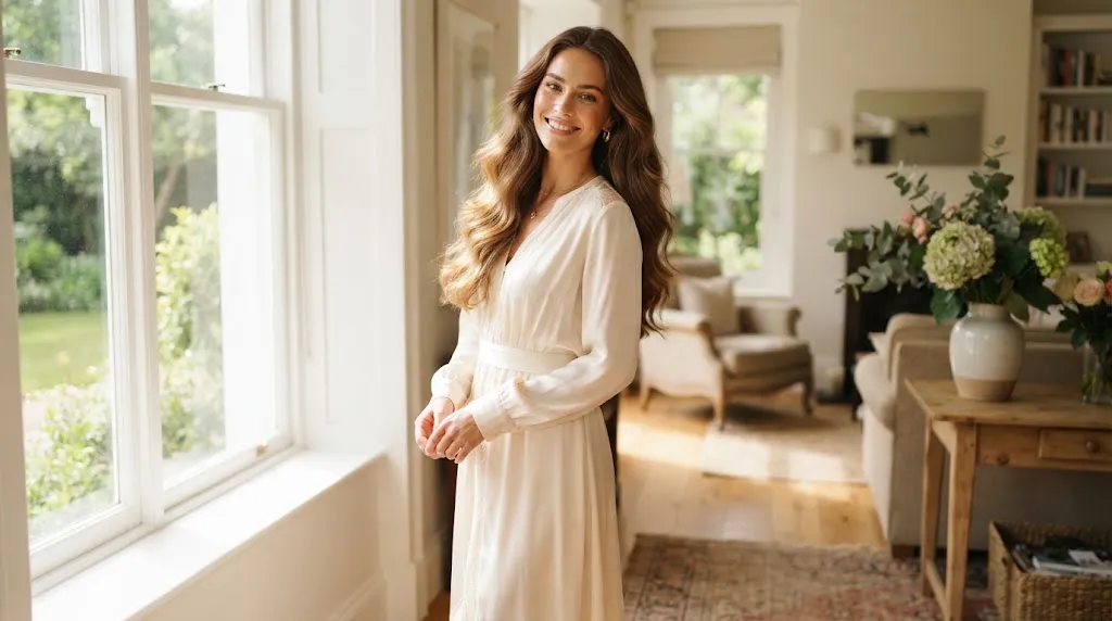 Woman with long soft cascading waves hair styling matching an elegant dress