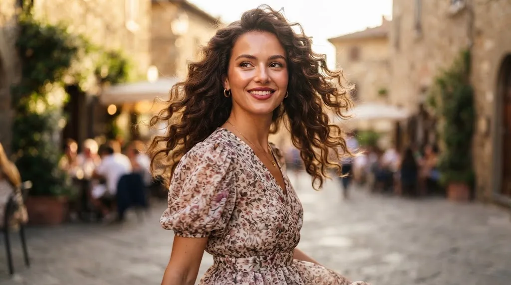 Close-up of a woman with soft, bouncy curls and romantic movement styled for a frock