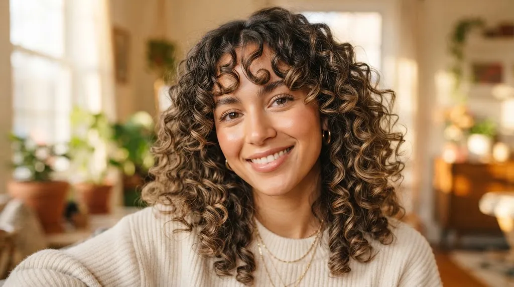A woman with beautiful soft curly hair and stylish curtain bangs framing her face