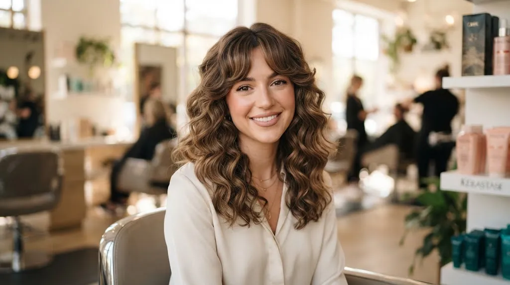 Woman with shoulder-length soft curls and curtain bangs framing her face in a natural open hairstyle