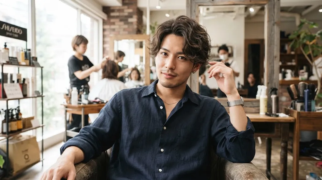 Modern Japanese perm hairstyle on a young man featuring soft natural waves, texture, and volume