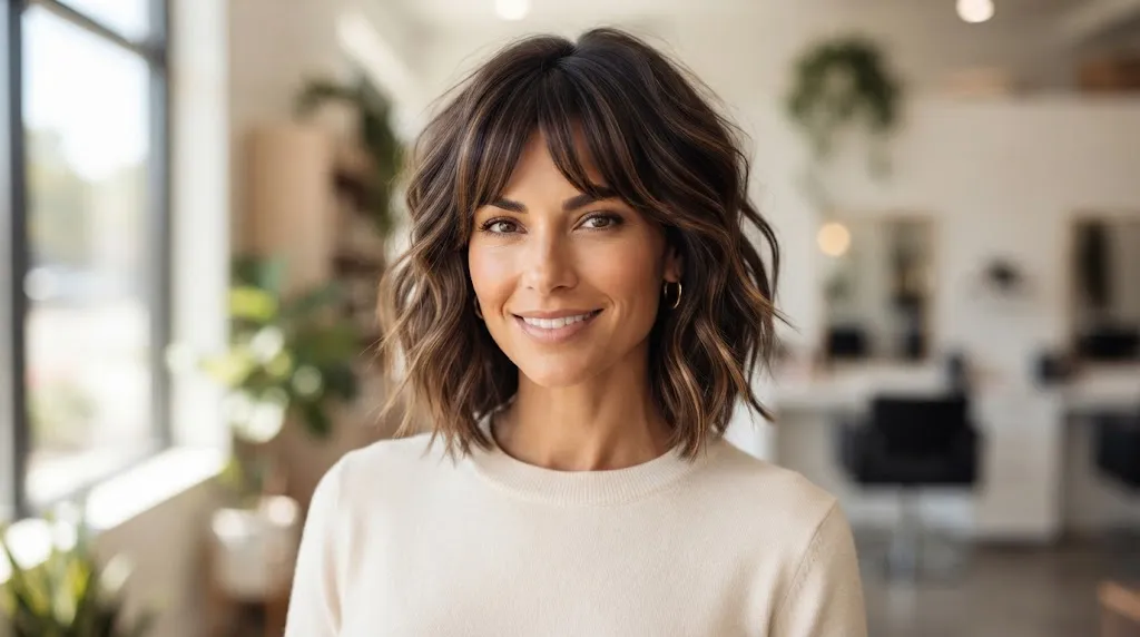 A smiling woman with a square face shape sporting a beautiful, soft layered bob haircut with side-swept fringe in a modern salon setting.