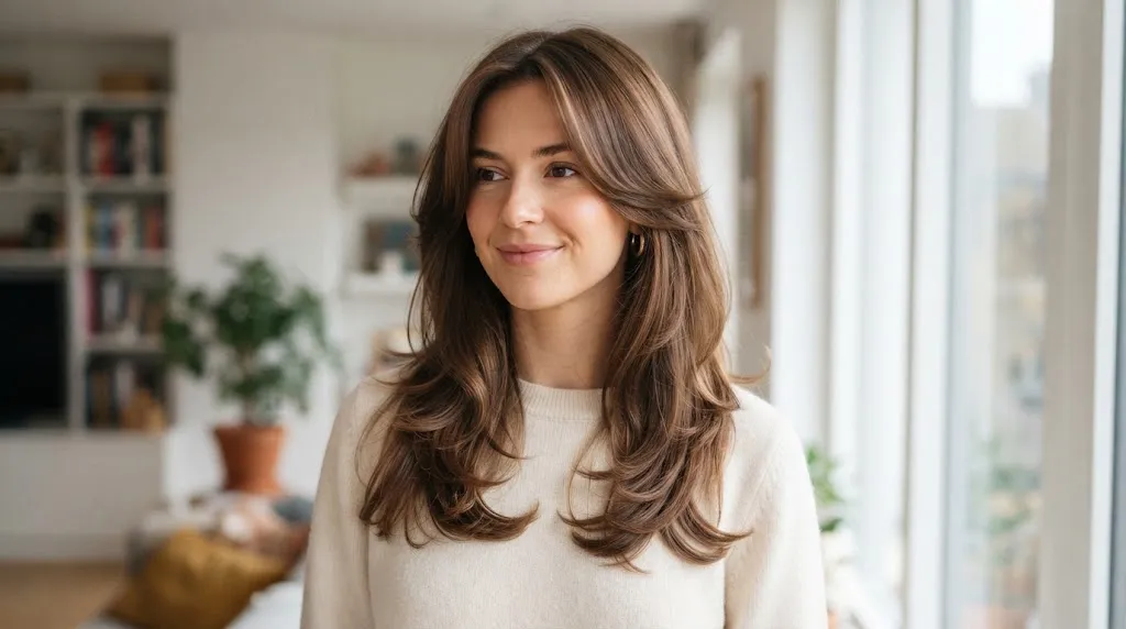 A woman with beautiful, soft layered shoulder-length brown hair, showcasing the cut and volume near the collarbone in natural daylight.