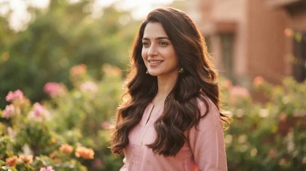 An Indian woman with long, dark, voluminous soft open waves, wearing a pink kurta and jhumka earrings in a garden.