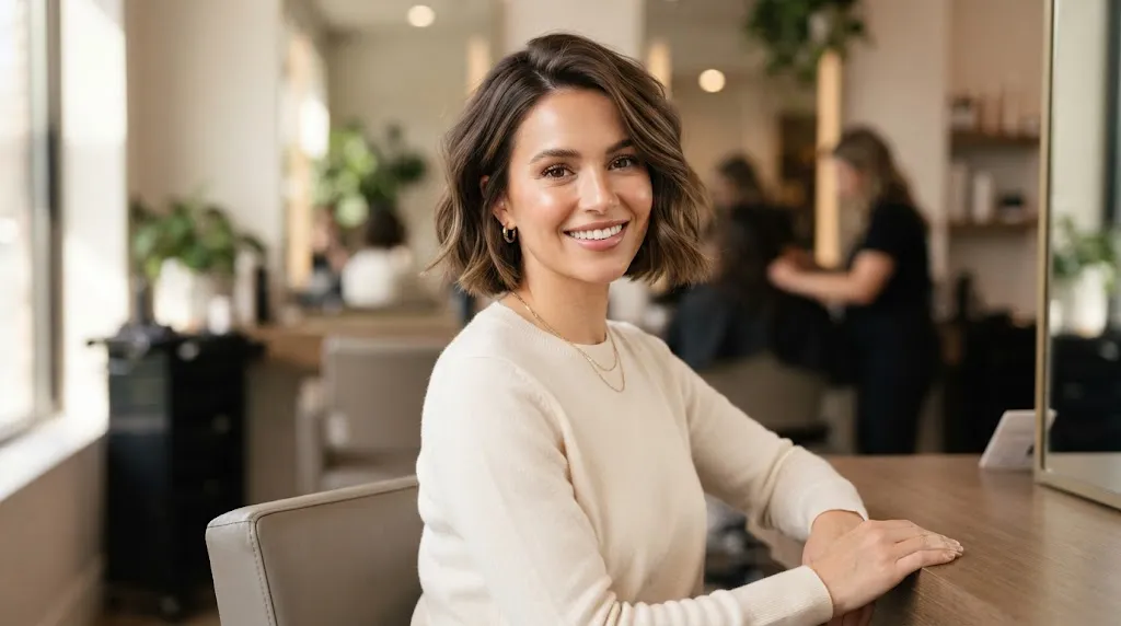 Professional photo of a woman showcasing a trendy soft sculpted bob haircut with natural texture