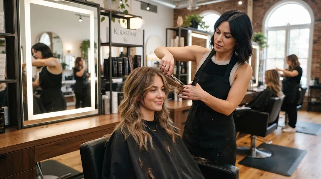 A professional medium-length soft shag haircut with choppy ends and face-framing layers designed to slim and elongate a round face shape