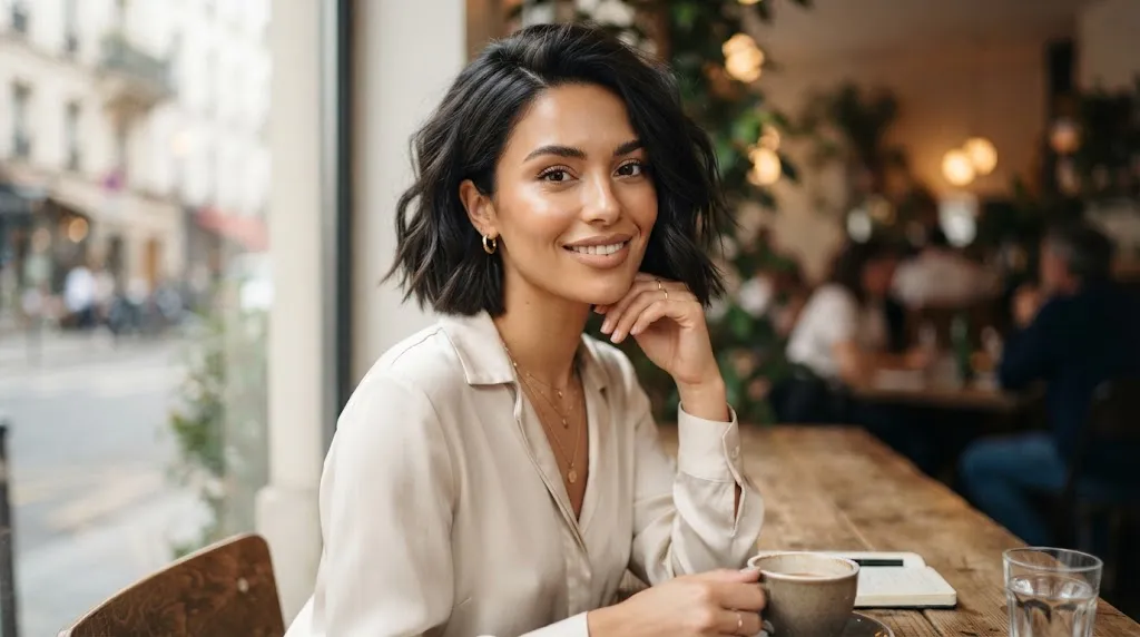 A stylish woman with a modern soft textured box bob haircut featuring natural movement and a defined silhouette