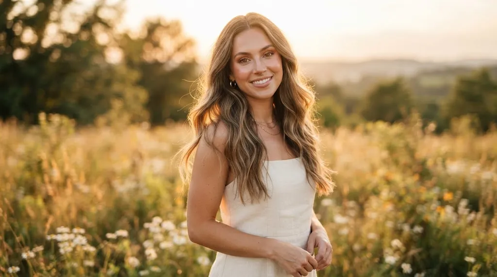 A woman with long hair styled in loose, natural soft waves outdoors in golden hour lighting