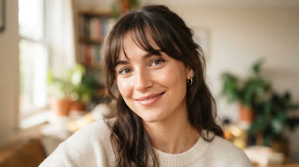 Close-up portrait of a woman showcasing light and soft wispy bangs framing her face