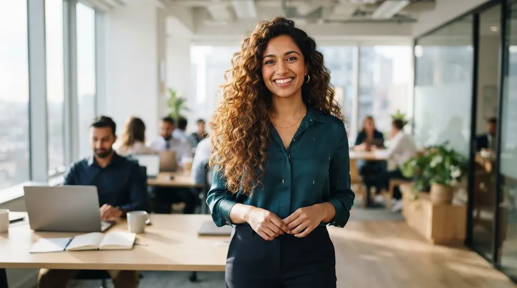 South Asian woman with vibrant, long curly hair smiling confidently in a bright office setting, showcasing volumized and bouncy light curls.