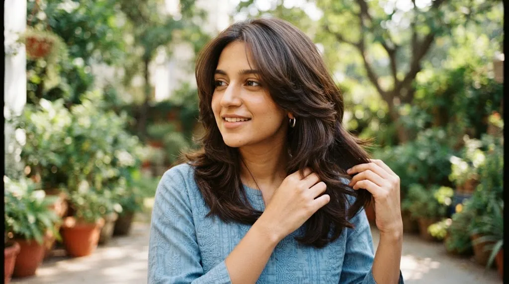 A candid portrait of a beautiful South Asian woman smiling outdoors, showcasing her modern, voluminous layered haircut.