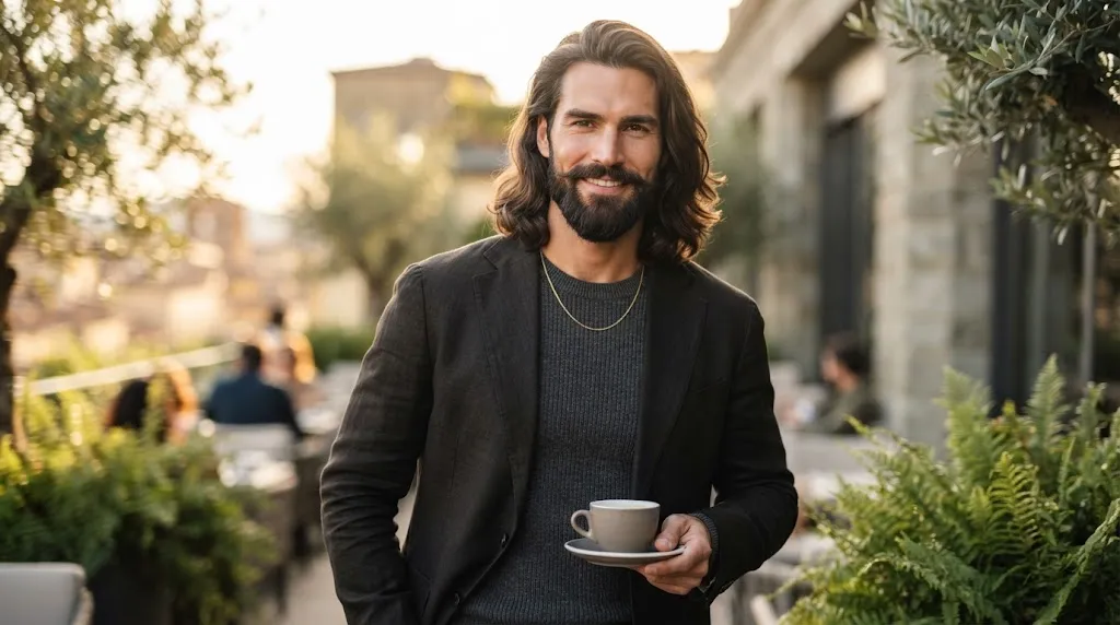 A stylish man with long hair and a well-groomed beard complementing a square face shape.