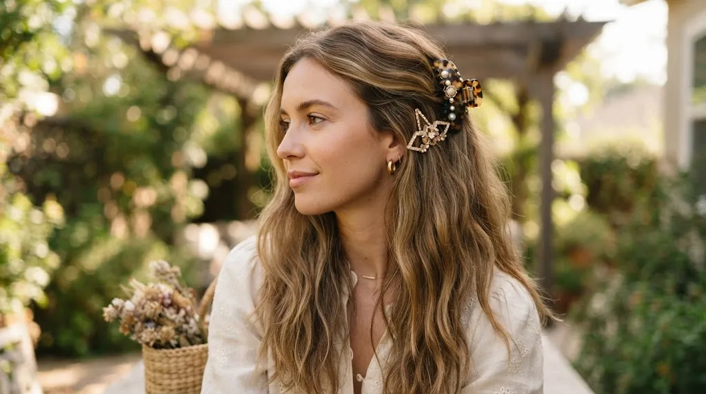 A person wearing stylish statement hair clips securing loose long summer hair against the heat