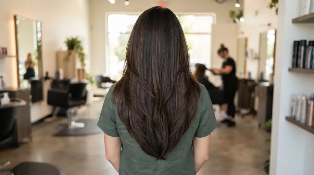 Back view of a woman with long, thick hair styled in a steep deep U-cut showing a dramatic curved hemline and smooth layers
