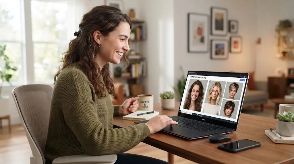 A person using a laptop to try out a new hairstyle online with a virtual hair changer tool