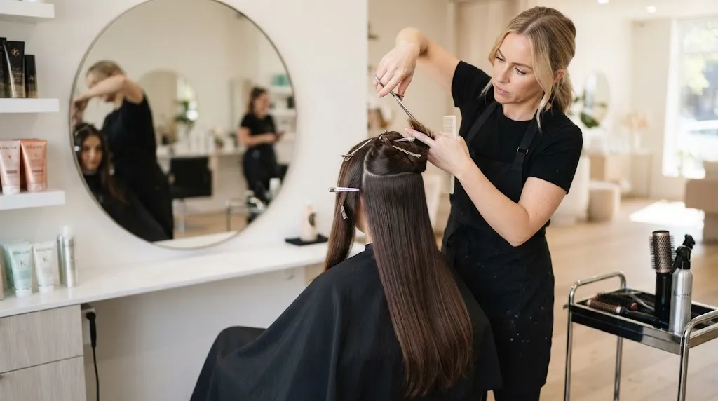 Professional hairstylist demonstrating step-by-step layer cutting technique with sectioning clips and precision shears on long hair