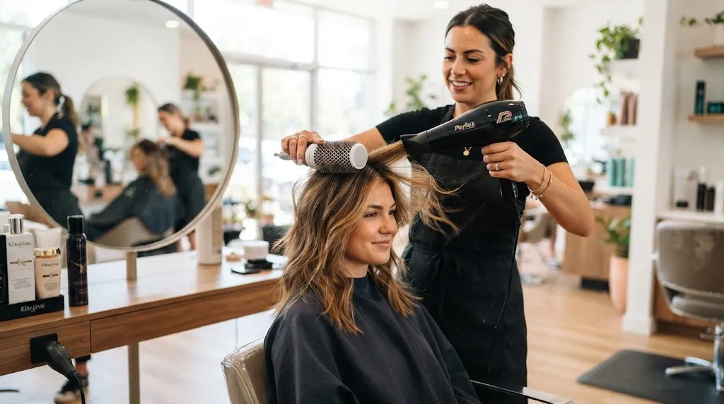 Professional hairstylist demonstrating the step-by-step styling method for layered hair using a round brush and blow dryer in a salon.