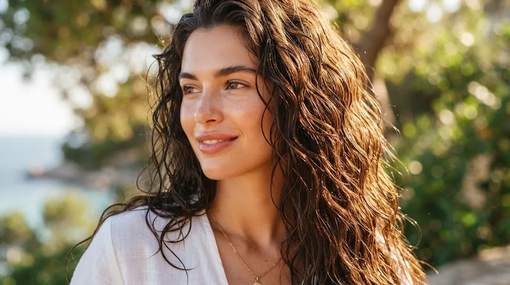 Close-up of glossy, still-wet long hair styled in beautiful beach waves for summer