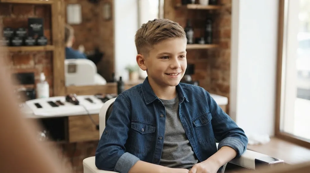 A pre-teen boy with a clean low taper fade and textured short top straight hairstyle sitting in a modern barbershop