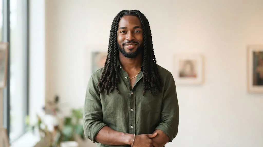 Black man with neat, elongated stretched two-strand twists showcasing natural length and definition