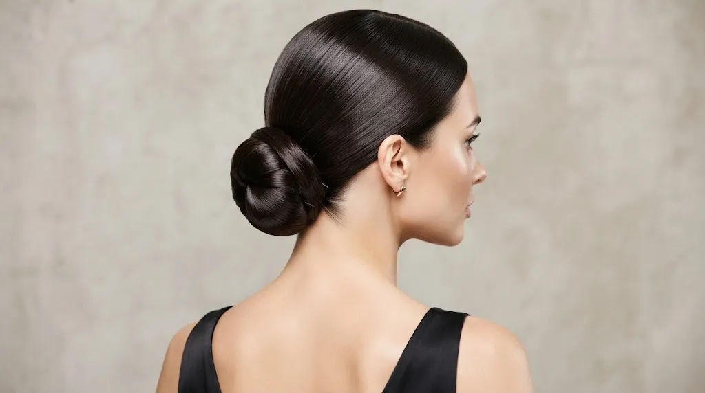 A sleek, polished low chignon bun with a glossy finish and a clean center part, styled for a formal evening reception.