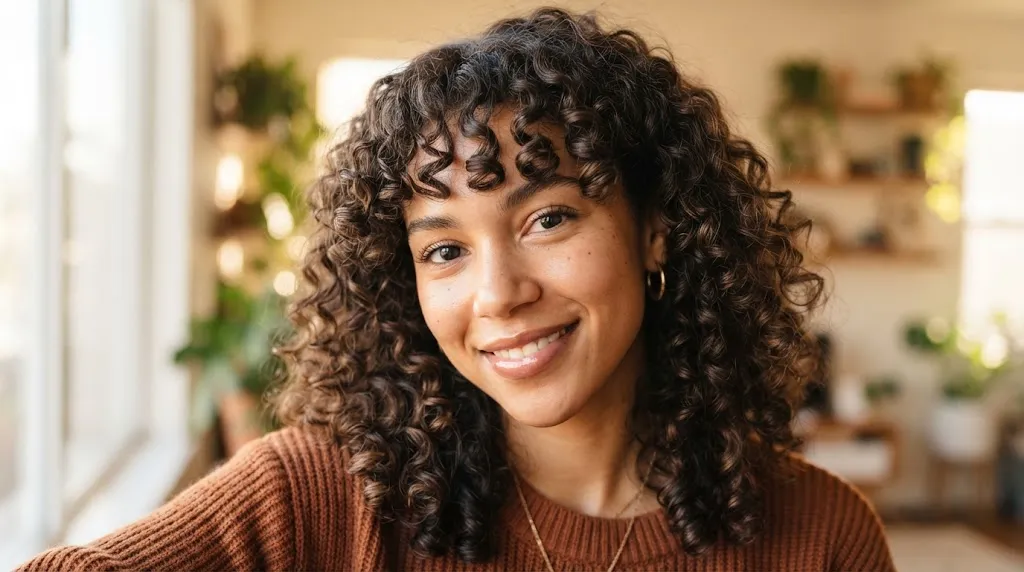 A close-up portrait of a woman showcasing natural, bouncy curly bangs framing her face perfectly.