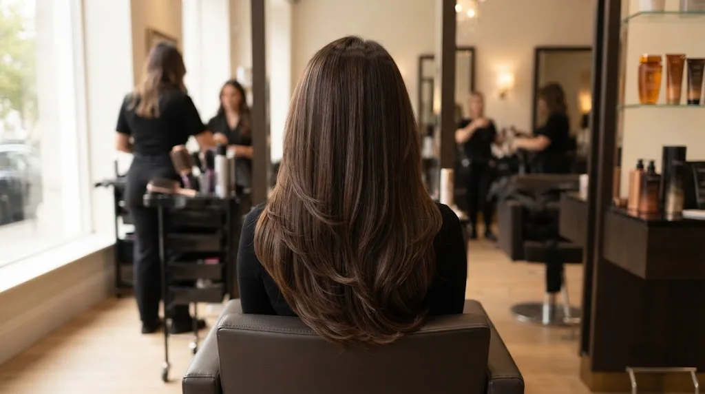 Back view of a professional U-cut hairstyle on long hair showing soft cascading layers and a graceful curved hemline