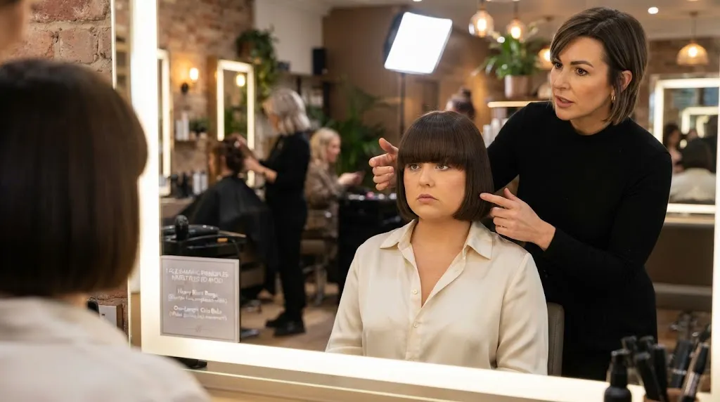 A professional salon demonstration showing hairstyles to avoid, such as heavy blunt bangs and one-length chin bobs that add unwanted width to round or full faces.
