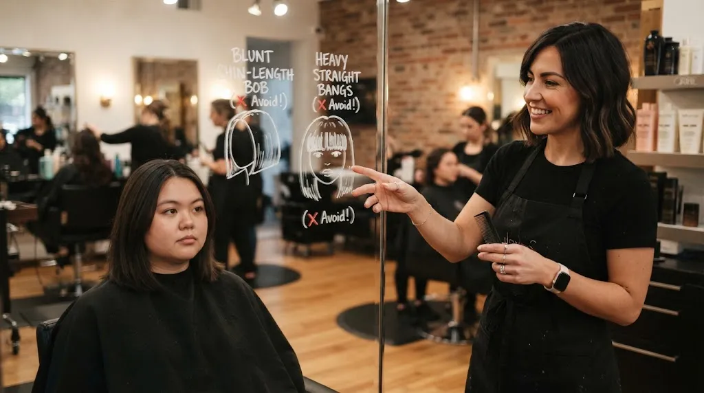 A professional hairstylist consulting a client in a salon about hairstyles and haircuts to avoid for round face shapes like blunt bobs and heavy bangs.