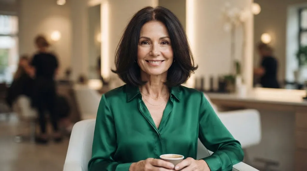 A mature woman with a dark, one-length, blunt bob haircut sitting in a salon, illustrating a styling choice that can make you look older.