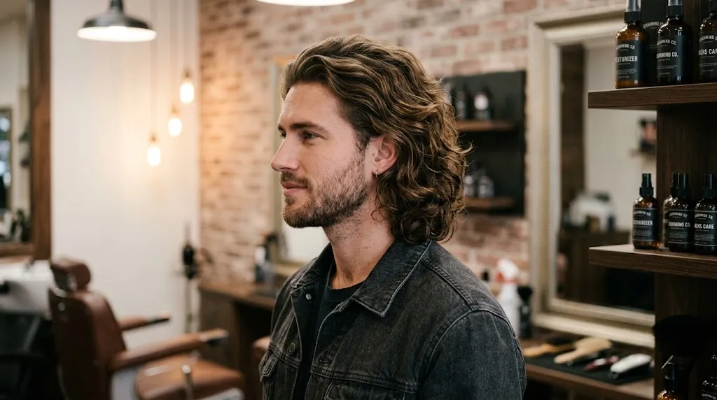 Side-profile of a man with medium-long wavy hair showing natural volume at the roots and soft wave texture in a modern grooming studio setting