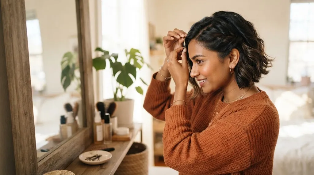 An Indian woman with short layered hair demonstrating how to pin back loose strands with bobby pins.