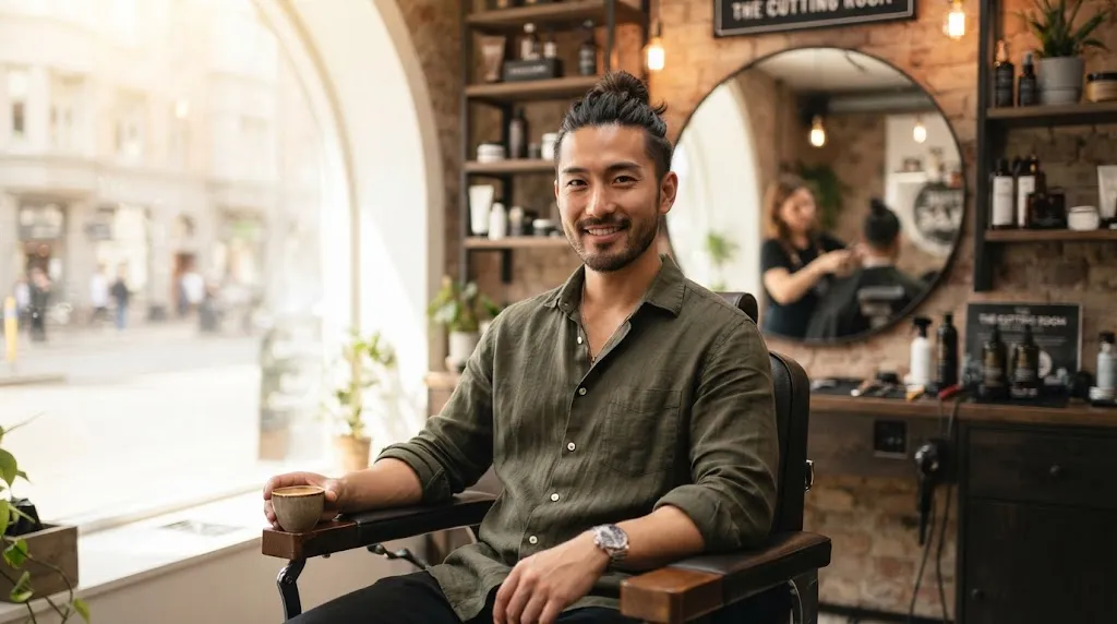A stylish Asian man showcasing a clean, modern man bun hairstyle with natural texture in a professional barbershop.