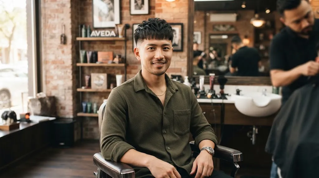 Asian man showcasing a modern textured crop haircut with a low taper tailored for an oval face shape in a professional barbershop