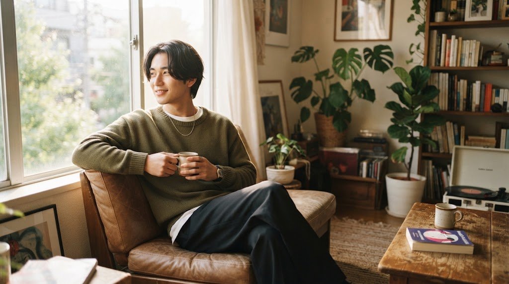 A young Asian man with a trendy 90s-inspired curtain hairstyle featuring a center part and soft, face-framing layers in a sunlit setting.
