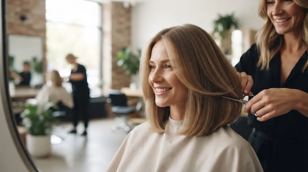 A woman in a salon smiling in the mirror while a stylist gives her a blunt, voluminous long bob (lob) haircut, perfect for fine hair.