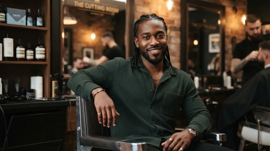 A stylish Black man with clean, professional box braids sitting in a modern barbershop, showcasing a popular protective hairstyle.