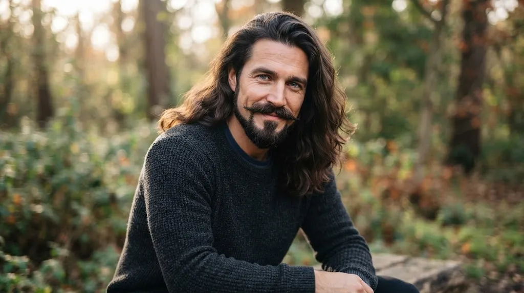 A stylish man showcasing a well-groomed circle beard paired with long flowing hair for a modern, balanced look.