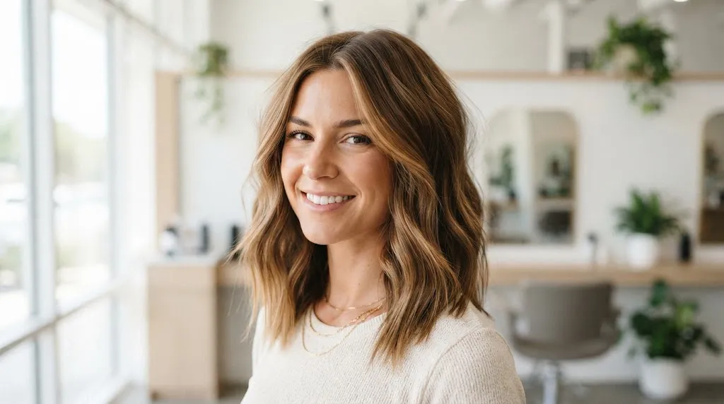 A smiling woman in a modern salon showcasing a stylish, shoulder-length Clavi Cut haircut with subtle caramel highlights and natural waves.