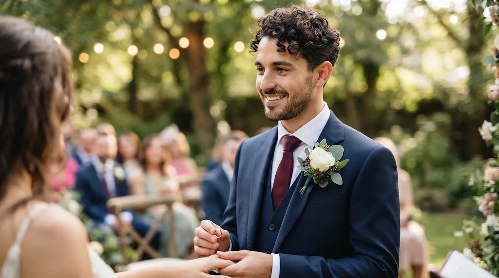 A smiling groom with a modern, curly haircut and a short beard exchanging rings with his bride during an outdoor garden ceremony.