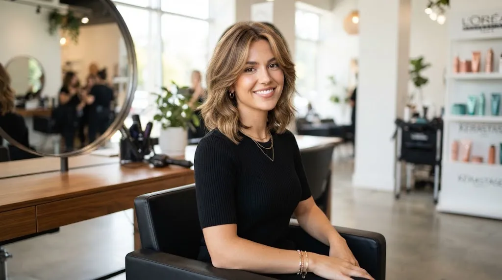 A stylish young woman showcasing a modern layered haircut with face-framing waves for young adults