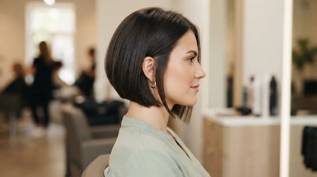 A woman with a precise, dark brown angled bob haircut viewed from the side profile in a salon setting.