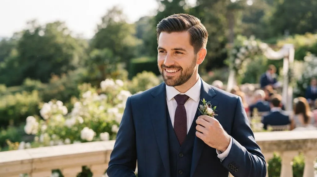 A handsome groom with neat, naturally styled straight dark brown hair and a short beard, smiling in a tailored navy blue suit with a boutonni&egrave;re at an outdoor garden wedding.