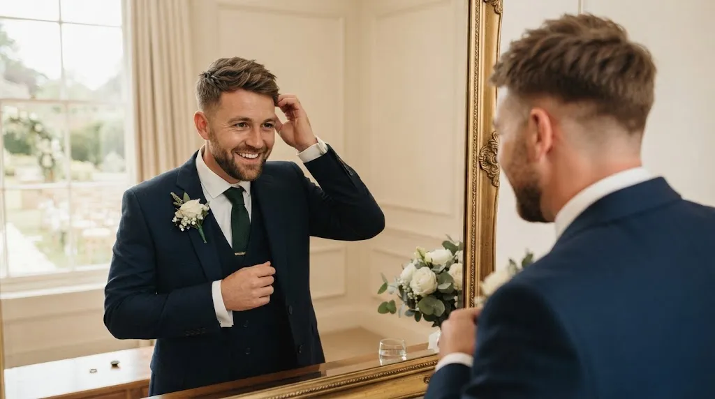 A happy groom with a neat, textured crop haircut smiling at his reflection in a mirror, dressed in a navy suit and boutonni&egrave;re. This hairstyle is ideal for men with a receding hairline.
