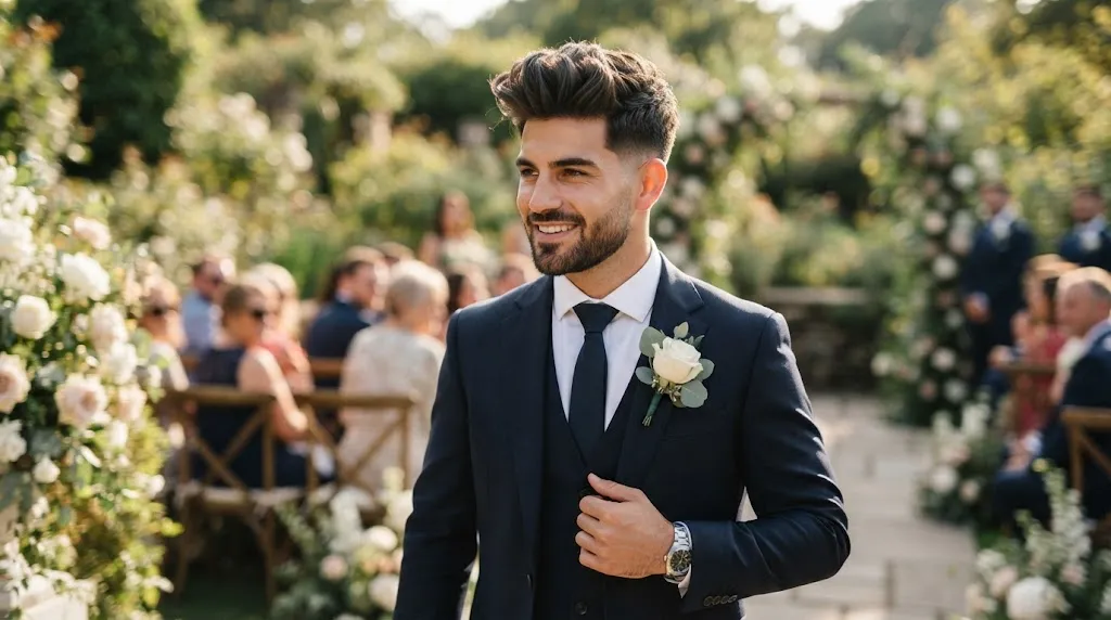 A handsome groom with naturally thick, dark hair styled in a modern textured quiff and fade, smiling outdoors at his wedding.