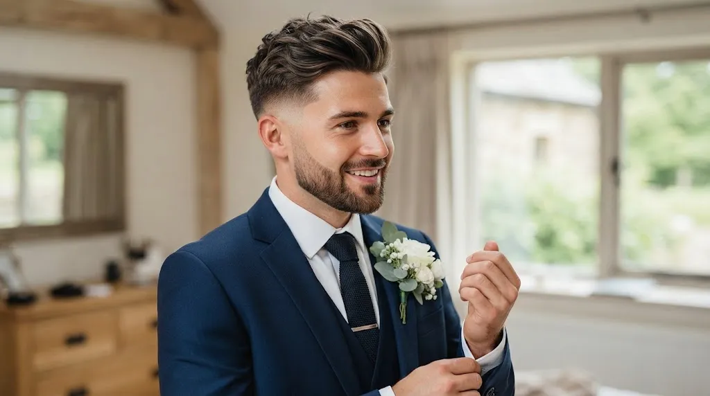 A sharply dressed groom in a navy blue suit and boutonni&egrave;re, smiling with a modern low fade haircut and voluminous textured top.
