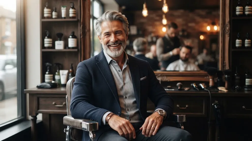 A sophisticated middle-aged man over 50 with a stylish, well-groomed haircut and beard in a modern barbershop.