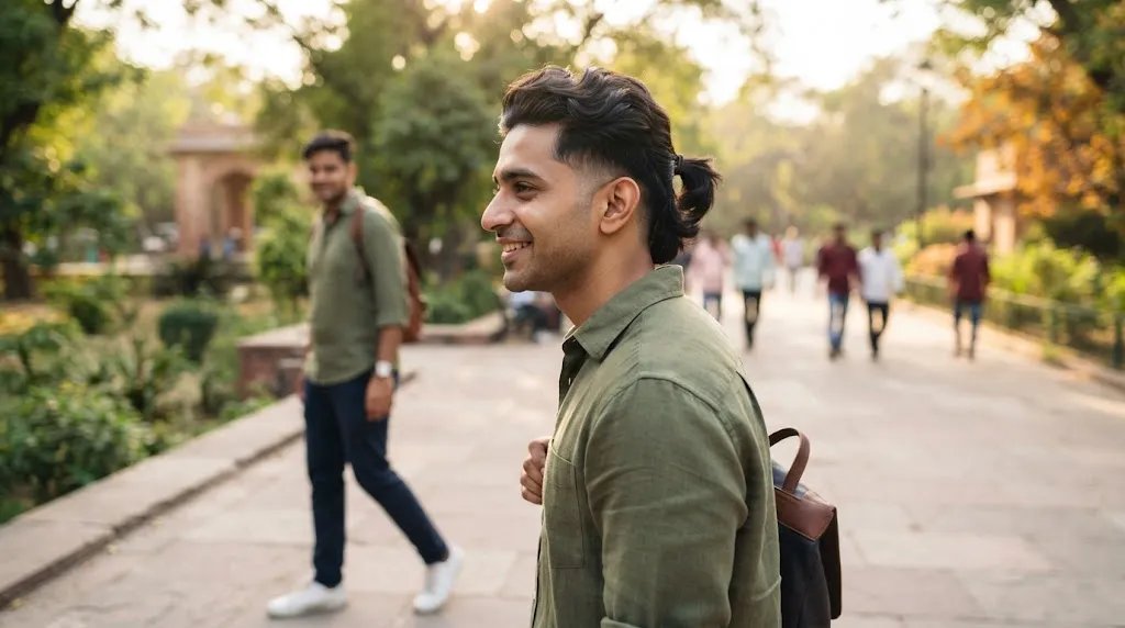 A candid portrait of a smiling young Indian man with a trendy man tail (back tail) hairstyle and a fade, wearing a casual olive shirt and backpack while walking in an urban park.