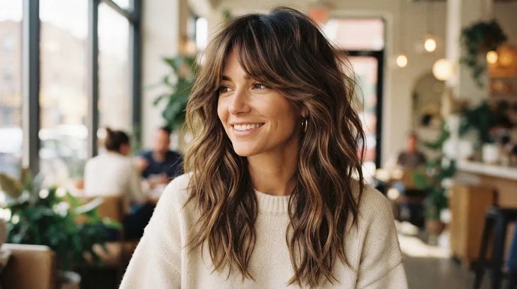 A beautiful woman with a modern long shag haircut and soft waves, showing the layered texture and curtain fringe in a cafe setting.